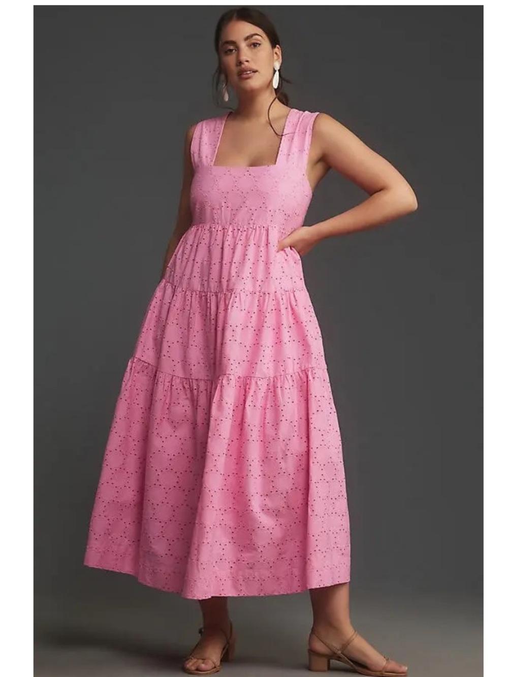 Anthropologie Helena Eyelet Tiered Maxi Dress Pink L